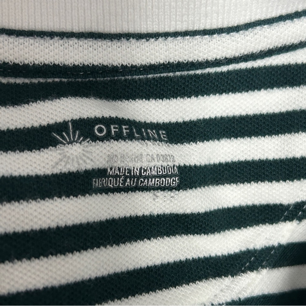 Aerie Offline Top Women's Cropped Polo S Green White Academia Striped Bubble Hem - Picture 11 of 16
